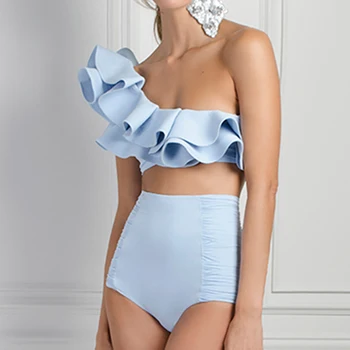 2024 Синий купальник бикини на одно плечо Купальники с высоким вырезом Новые женщины Пуш-ап бикини Летний пляжный купальный костюм Бразильское бикини