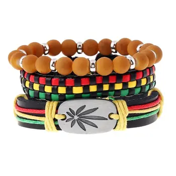 3Pcs Ямайка Кожа Сорняки Конопляный шнур Плетеные плетеные браслеты Rasta Reggae Jeweley