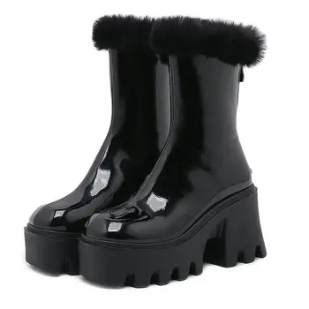 FEMALEAN Зимняя лакированная кожа платформа на молнии на высоких каблуках с круглой головой ботильоны черные 39 готический боевой панк женская обувь в предложении