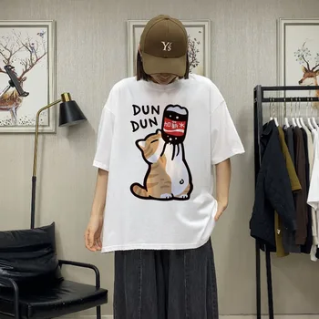 Harajuku Японские забавные мультяшные граффити Кошка Графический принт Женские футболки Лето High Street Повседневные свободные топы с коротким рукавом
