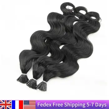 I Tip Body Wave Наращивание волос Человеческие волосы Wave Microlink Наращивание волос Бразильский Remy Black 1,5 см 12-26 дюймов 50 прядей / уп.