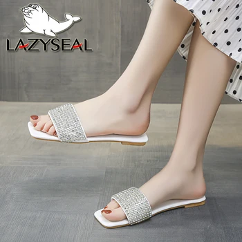 LazySeal Flat With Women Slipper New Bling Crystal Upper Designer Shoes Женская шлепанцы Большой размер 45 Indoor Home Женские тапочки