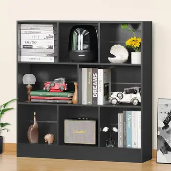  YAHARBO Черная широкая книжная полка, 3-уровневый современный горизонтальный книжный шкаф, деревянные низкие книжные полки, шкаф для хранения
