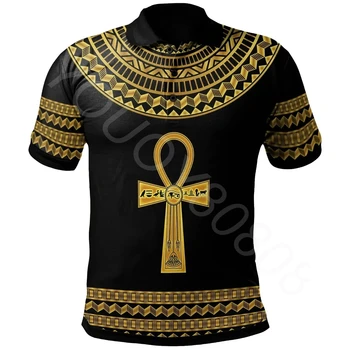 Африканская зона Мужская летняя футболка Рубашка должна быть с лацканом Модные повседневные мужские топы - Анкх Египет Дропи Рубашка-поло