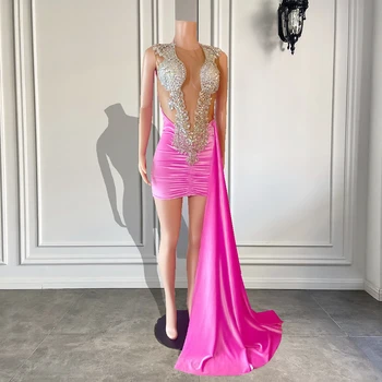 Блестящее розовое короткое выпускное платье Кристаллы из бисера Сексуальные прозрачные сетчатые боковые шлейфы африканские женские коктейльные платья 2023