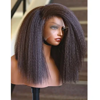 Мягкий черный бесклеевой Yaki Short Cut Bob Kinky Прямой кружевной передний парик для женщин с детскими волосами, предварительно выщипанный термостойкий ежедневный