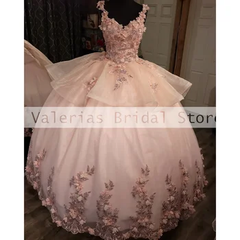 Новый Розовый Quinceanera Платье Бальное платье Sweet 16 Платья Аппликации Бусины Оборки Формальные вечерние гонвы Vestidos de 15 Quinceañera