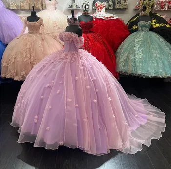 Розовая принцесса Quinceanera Платья Бальное платье без бретелек Тюль Цветочный Сладкий 16 Платья 15 Años Custom