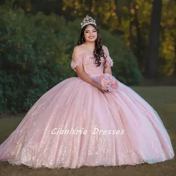 Розовый блестящий кристаллический корсет Мексиканское платье Quinceanera Бальное платье с открытыми плечами 3D Цветы Vestido De XV Anos