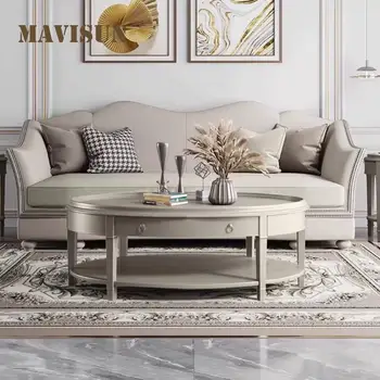 Чайный столик из массива дерева в итальянском стиле с ящиками для хранения Высококачественная мебель для гостиной Роскошный диван боковой овальный журнальный столик