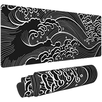 японская волна черно-белый коврик для игровой мыши XL большой нескользящий резиновый коврик для мыши со сшитыми краями настольный коврик 31,5X11,8