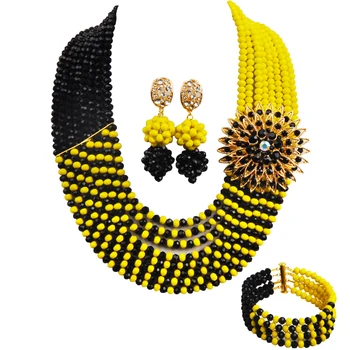 Модный африканский набор ювелирных изделий Черный и желтый кристалл Нигерия Свадьба Африканские наборы украшений из бисера